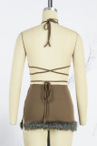 Brown Sexy Solid Patchwork Feathers Halter Sleeveless Two Pieces