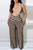 Khaki Casual Sportswear Print Cardigan Pants U Neck Sleeveless Two Pieces