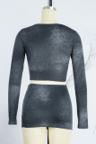 Blue Sexy Solid Patchwork Asymmetrical V Neck Long Sleeve Two Pieces