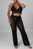 Black Sexy Solid Bandage Hollowed Out Backless Halter Sleeveless Two Pieces