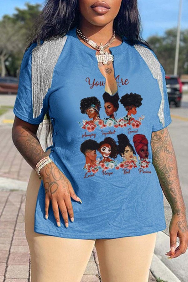 Blue Casual Print Tassel Patchwork V Neck T-Shirts