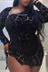 Black Sexy Solid Patchwork See-through Zipper Collar Pencil Skirt Plus Size Dresses