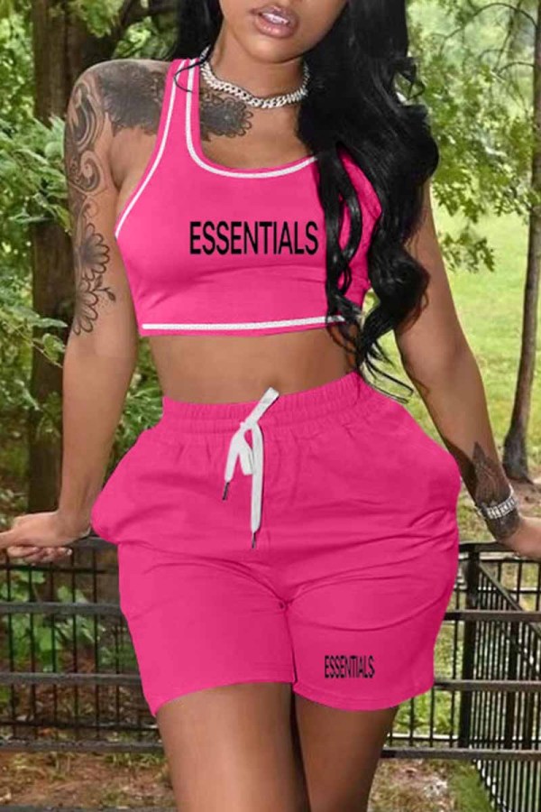 Rose Red Casual Print Letter U Neck Sleeveless Two Pieces