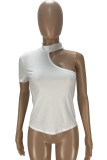 White Casual Solid Asymmetrical Half A Turtleneck T-Shirts