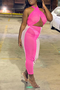 Pink Sexy Solid Patchwork See-through Halter Pencil Skirt Dresses