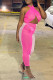 Pink Sexy Solid Patchwork See-through Halter Pencil Skirt Dresses
