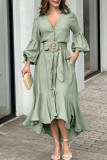 Light Blue Casual Solid Patchwork With Belt V Neck Long Sleeve Dresses