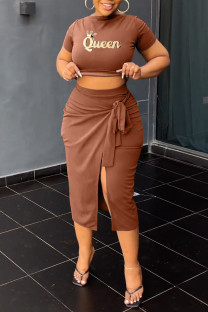Brown Casual Print Bandage Patchwork Slit O Neck Short Sleeve Two Pieces