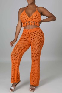 Orange Sexy Solid Bandage Hollowed Out Backless Halter Sleeveless Two Pieces