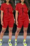 Red Casual Print Basic V Neck Short Sleeve Two Pieces