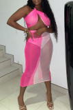 Pink Sexy Solid Patchwork See-through Halter Pencil Skirt Dresses