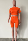 Orange Red Casual Solid Bandage Backless O Neck Short Sleeve Two Pieces