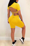 Yellow Casual Solid Bandage Backless O Neck Short Sleeve Two Pieces