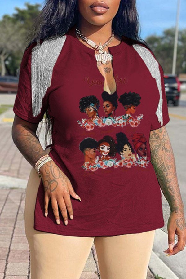 Burgundy Casual Print Tassel Patchwork V Neck T-Shirts