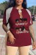 Burgundy Casual Print Tassel Patchwork V Neck T-Shirts