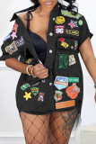 Black Casual Print Patchwork Shirt Collar Tops