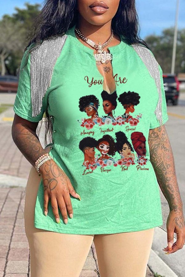 Green Casual Print Tassel Patchwork V Neck T-Shirts