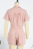 Pink Casual Solid Patchwork Buckle Slit Turndown Collar Short Sleeve Two Pieces
