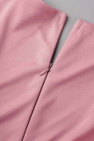 Pink Fashion Solid Slit V Neck Plus Size Dresses