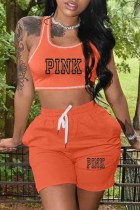Orange Red Casual Print Letter U Neck Sleeveless Two Pieces