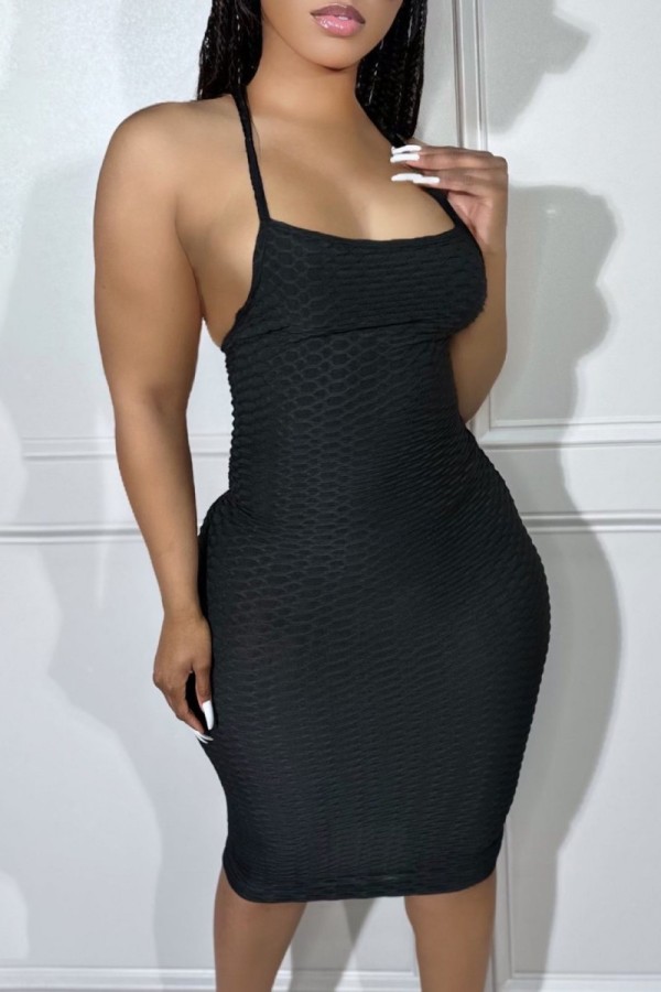 Black Sexy Solid Backless U Neck Sling Dress Dresses