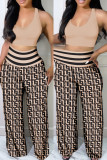 Khaki Casual Sportswear Print Cardigan Pants U Neck Sleeveless Two Pieces