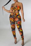 Colour Sexy Print Hollowed Out Backless Strapless Skinny Jumpsuits