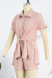 Pink Casual Solid Patchwork Buckle Slit Turndown Collar Short Sleeve Two Pieces