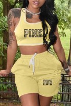 Light Yellow Casual Print Letter U Neck Sleeveless Two Pieces