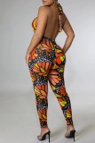Colour Sexy Print Hollowed Out Backless Strapless Skinny Jumpsuits