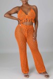 Orange Sexy Solid Bandage Hollowed Out Backless Halter Sleeveless Two Pieces