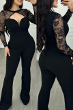 Black Casual Solid Hollowed Out Patchwork O Neck Regular Jumpsuits