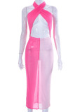 Pink Sexy Solid Patchwork See-through Halter Pencil Skirt Dresses