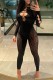 Black Sexy Patchwork Hollowed Out See-through O Neck Skinny Jumpsuits