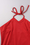 Red Sexy Solid Patchwork Halter Skinny Rompers