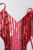 Red Sexy Patchwork Bandage Sequins Backless Halter Sleeveless Dress Dresses