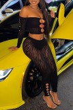 Black Sexy Patchwork Hollowed Out See-through Off the Shoulder Long Sleeve Two Pieces