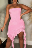 Pink Sexy Solid Patchwork Appliques Asymmetrical Strapless One Step Skirt Dresses