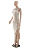 Apricot Sexy Formal Patchwork Hot Drilling Sequins Slit O Neck Evening Dress