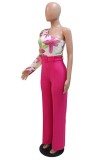 Rose Red Casual Print Patchwork With Belt Oblique Collar Regular Jumpsuits