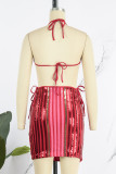 Red Sexy Patchwork Bandage Sequins Backless Halter Sleeveless Dress Dresses