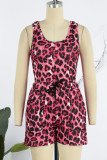 Red Sexy Casual Print Leopard Basic U Neck Sleeveless Two Pieces