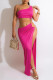 Rose Red Sexy Solid Hollowed Out Patchwork Slit Asymmetrical Oblique Collar Long Dress Dresses