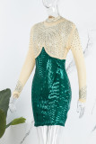 Green Sexy Patchwork Hot Drill Half A Turtleneck Long Sleeve Dresses