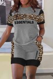 Blue Casual Print Leopard Patchwork Letter O Neck Short Sleeve Two Pieces