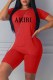 Red Street Print Letter V Neck Short Sleeve Two Pieces