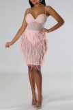 Pink Sexy Patchwork Hot Drilling See-through Feathers Backless Spaghetti Strap Sleeveless Dress Dresses