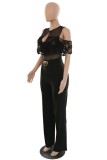 Black Sexy Casual Solid Hollowed Out Patchwork O Neck Regular Jumpsuits