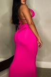 Rose Red Sexy Patchwork Bandage Hollowed Out Backless Halter Sleeveless Two Pieces