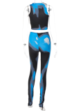 Blue Sexy Print Patchwork O Neck Sleeveless Two Pieces
